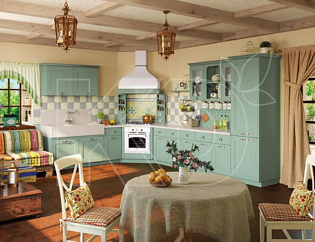 Угловая кухня в зеленом цвете